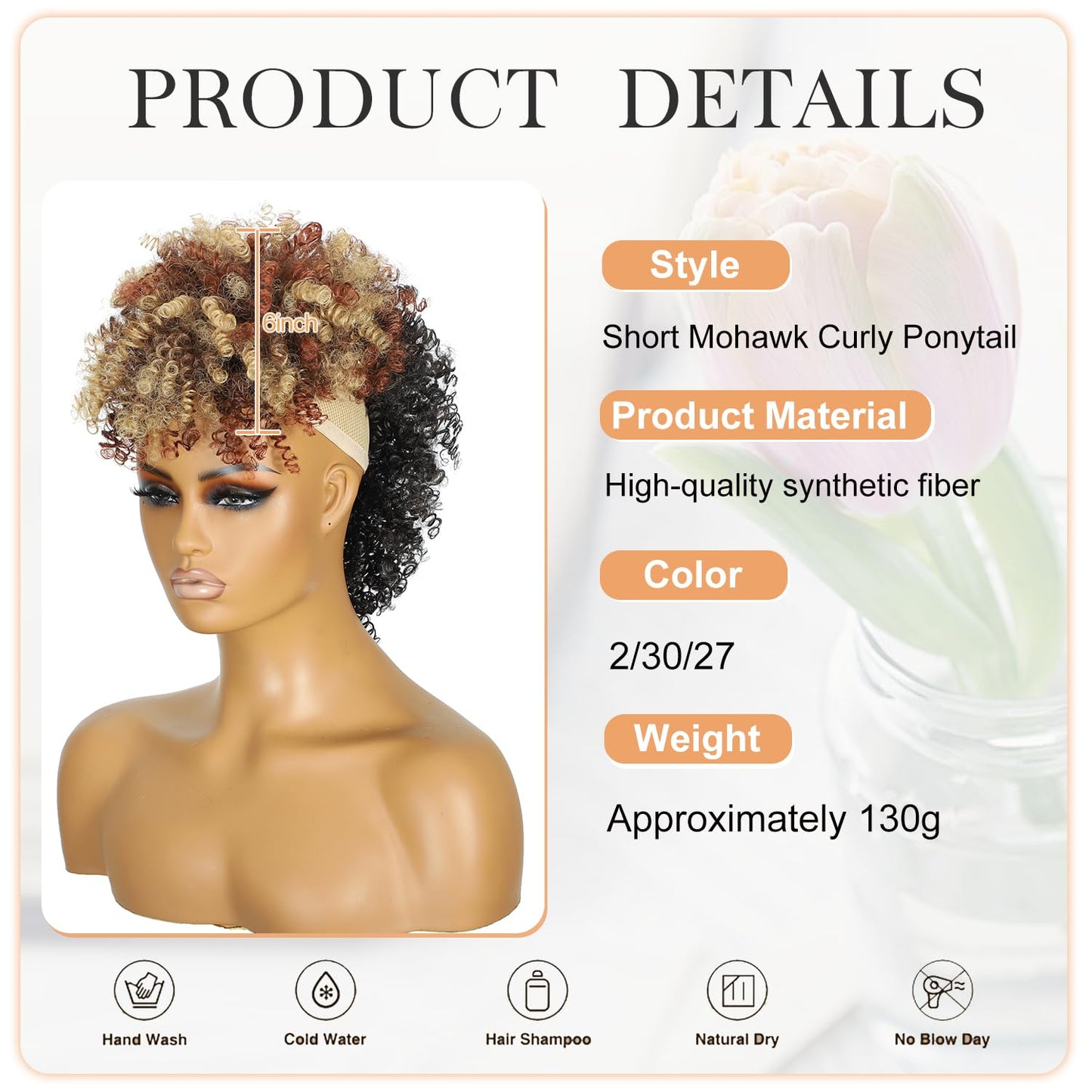 Kinky Curly Mohawk Wig - Natural Black & Brown Blonde Ponytail Extension | Short Synthetic Clip-In with Bangs & Fluffy Hair for Parties