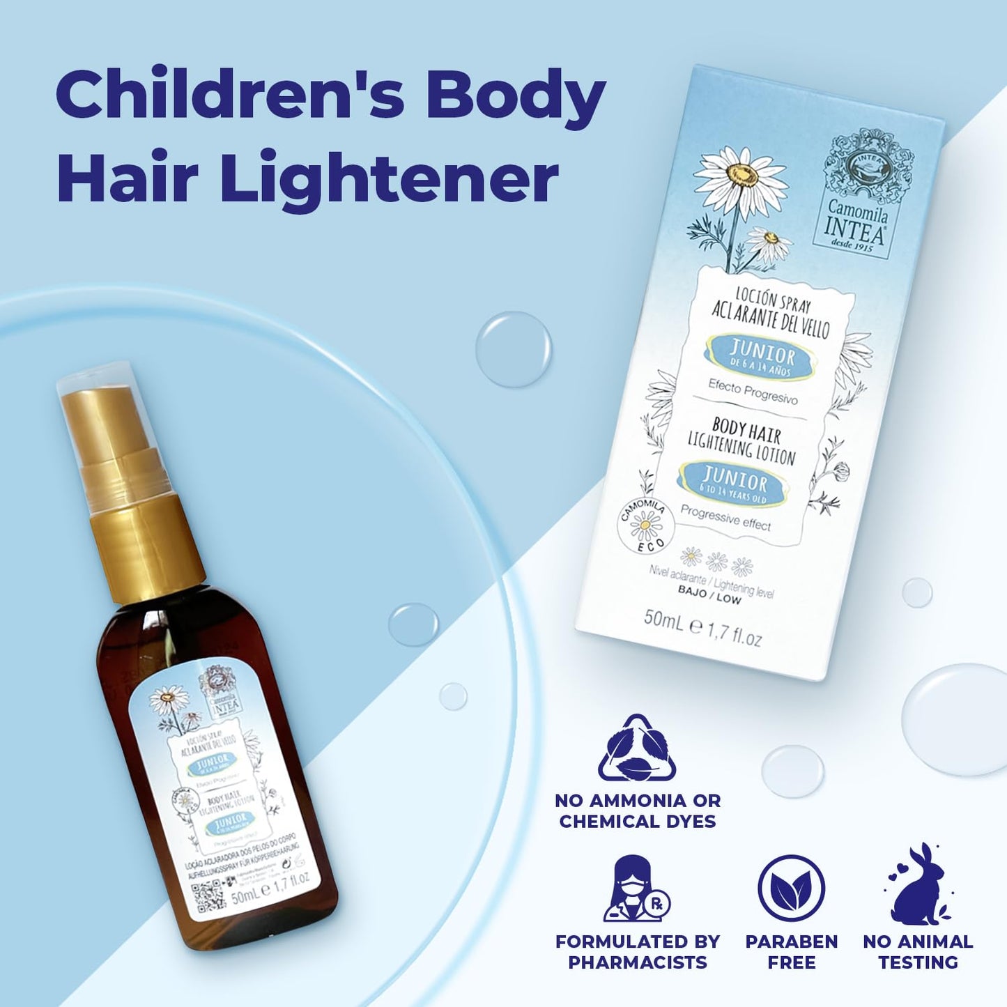 Camomila Intea Junior Body Hair Lightener for Kids - Bottle Spray with Natural Chamomile Extract - Paraben and Ammonia FREE – 1.7 oz (50 ml)