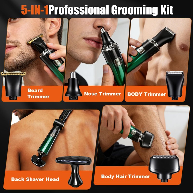 Back Shaver for Men,LED Display 5 in 1 Electric Body Groomer with Adjustable Long Handle - Rechargeable, IPX6 Waterproof Trimmer for Full Body Grooming（Green）