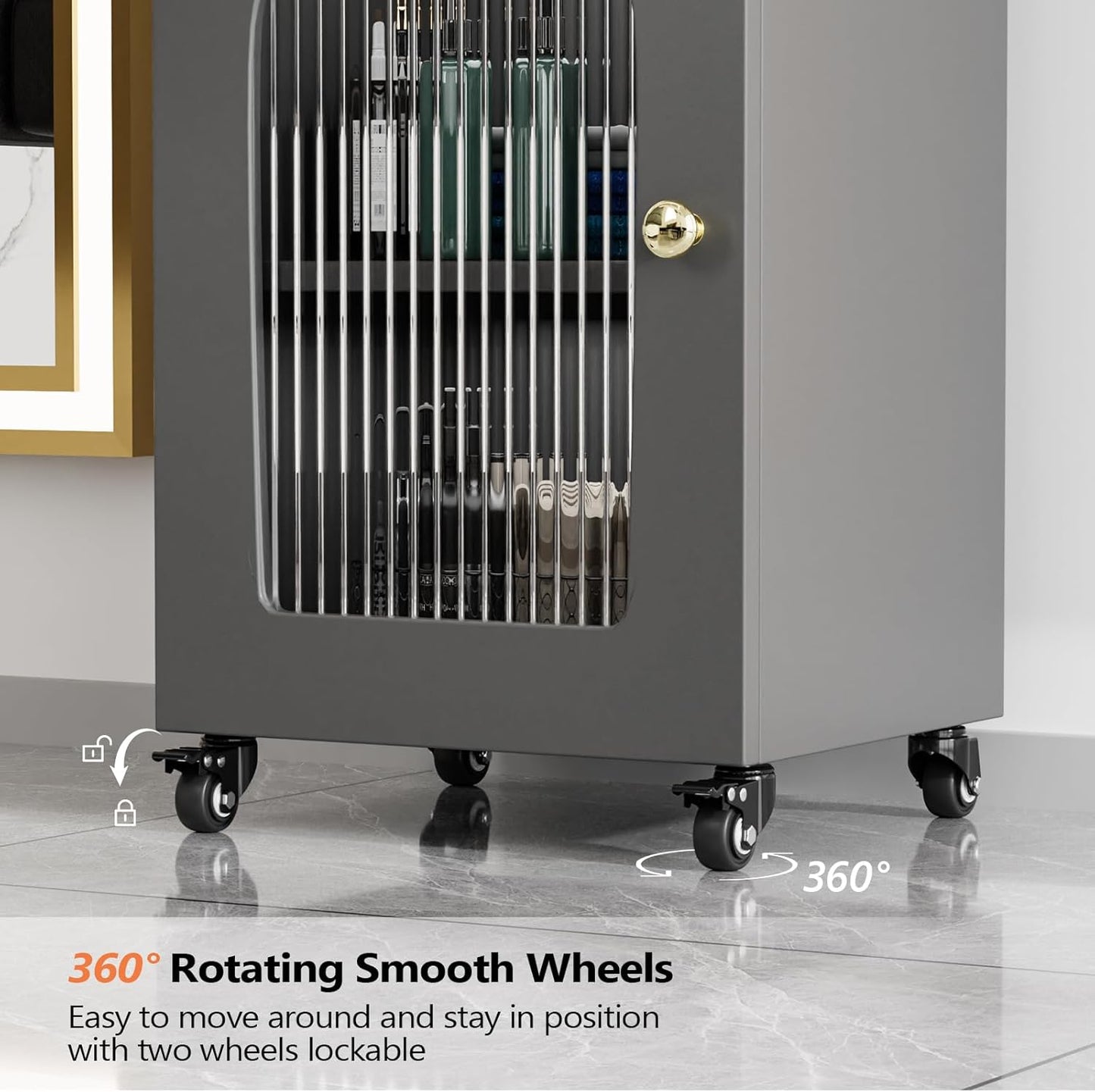 Salon Cart - 3-Tier Rolling Beauty Trolley with Wheels | Adjustable Shelf, Glass Door & Hair Dryer Holder (Gray)