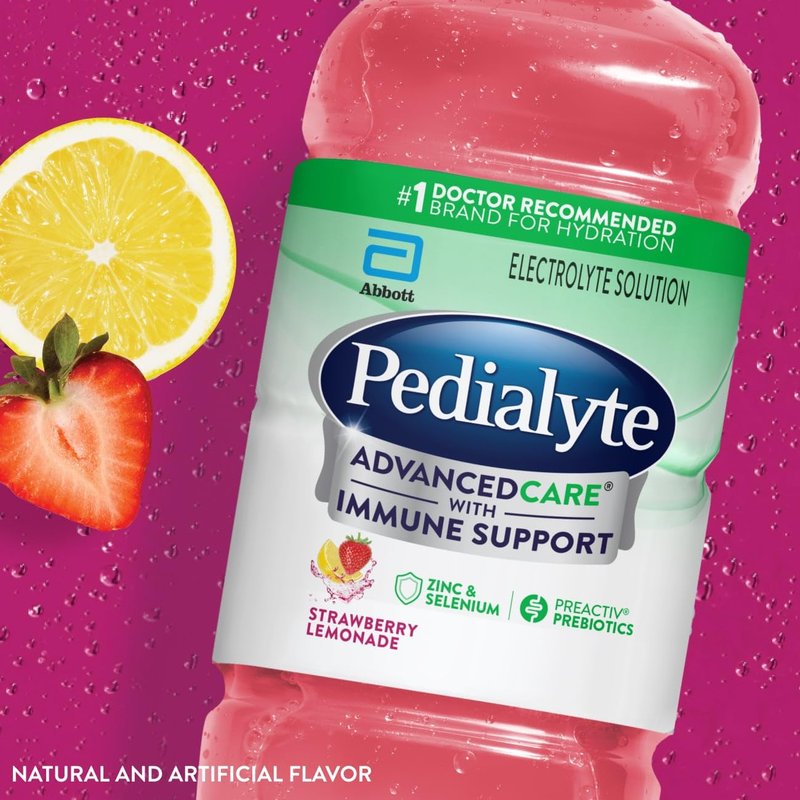 Pedialyte AdvancedCare Electrolyte Solution Has PreActivPrebiotics | Hydration Drink | Strawberry Lemonade, 1 Liter, Pack of 4