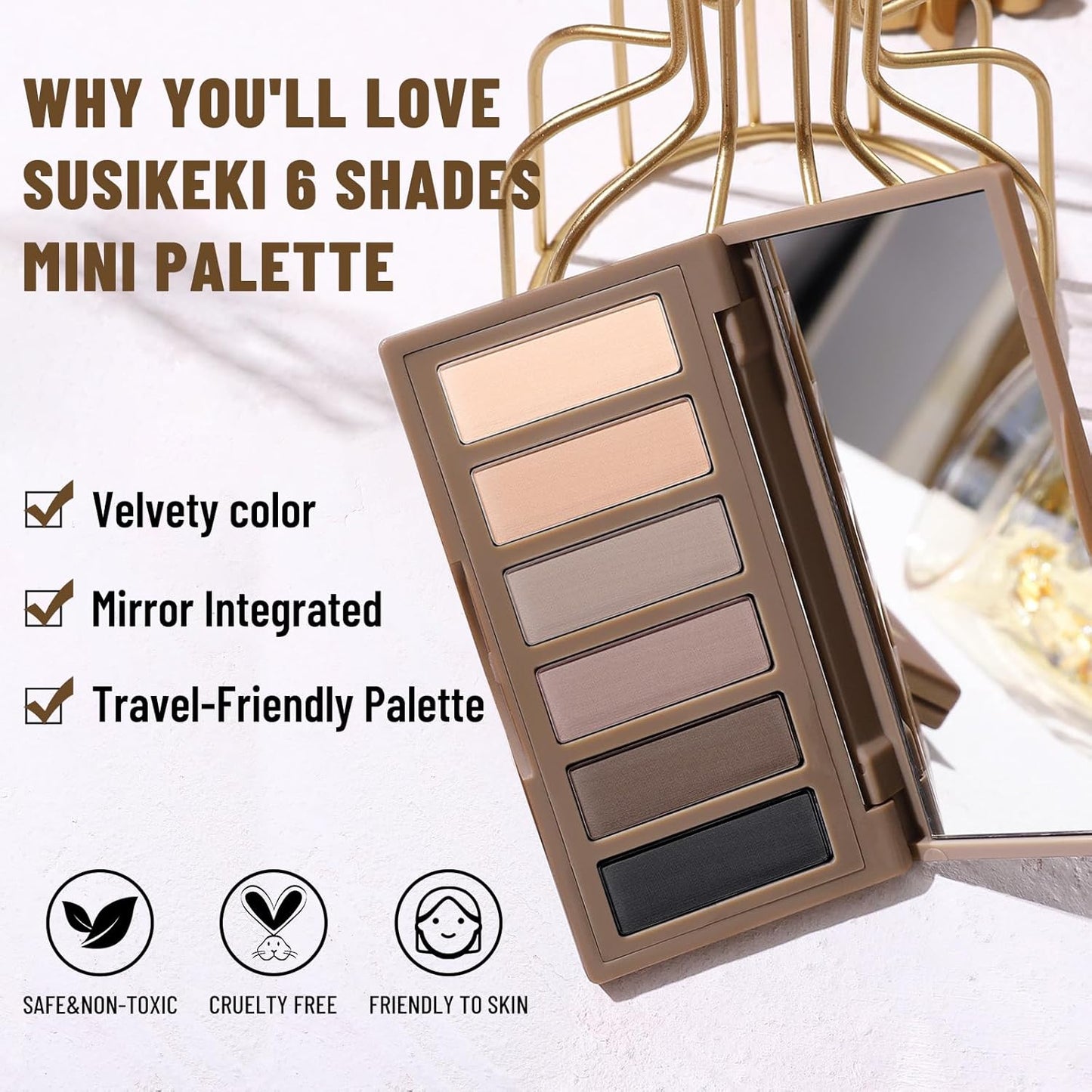 SUSIKEKI Mini Eyeshadow Palette - 6 Highly Pigmented Neutral Shades | Waterproof Travel Kit with Mirror
