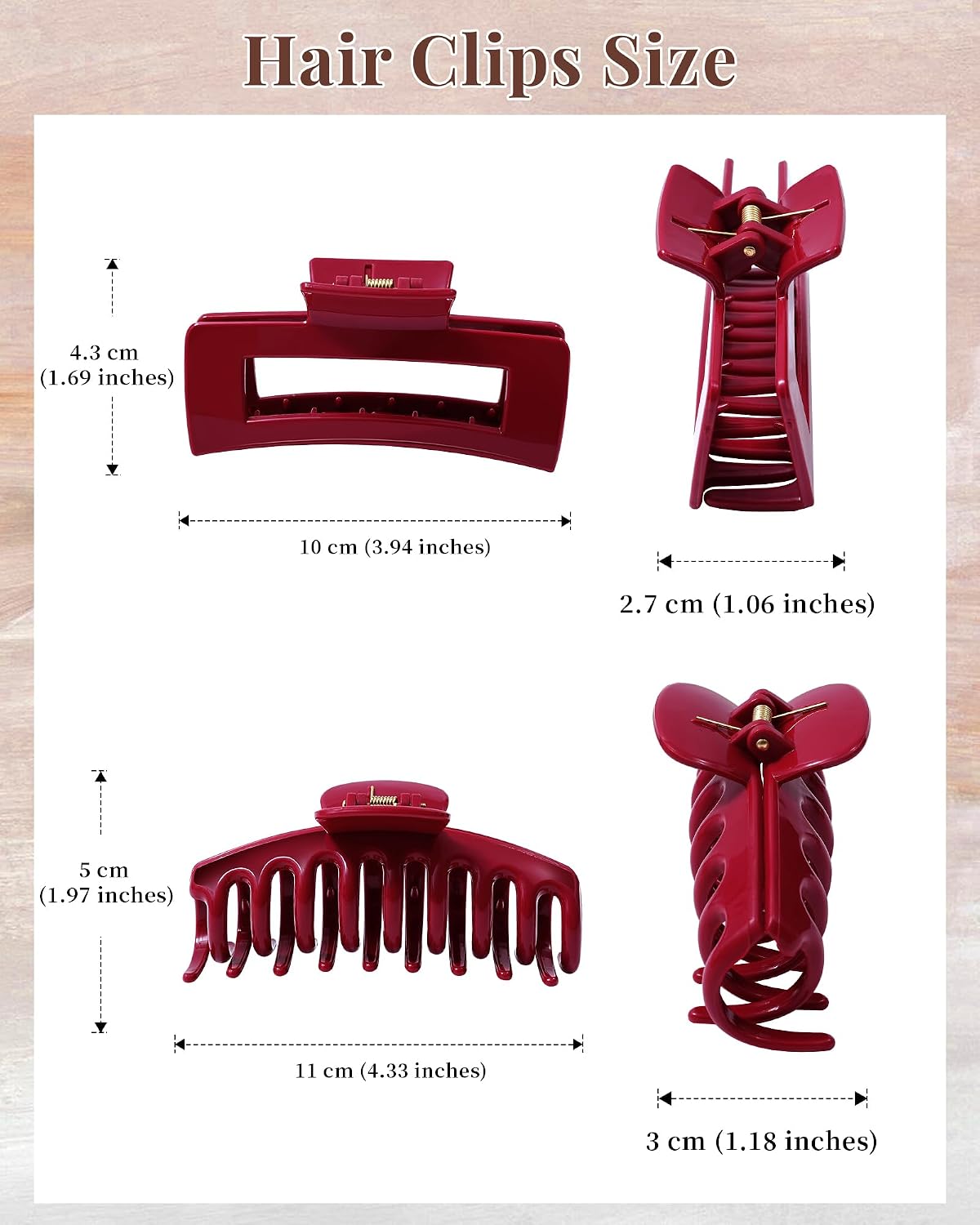 Silicone Flexible Hair Claw Clips - 4 Pack Nonslip Large Grip for Thin & Thick Hair | Black, Wine Red