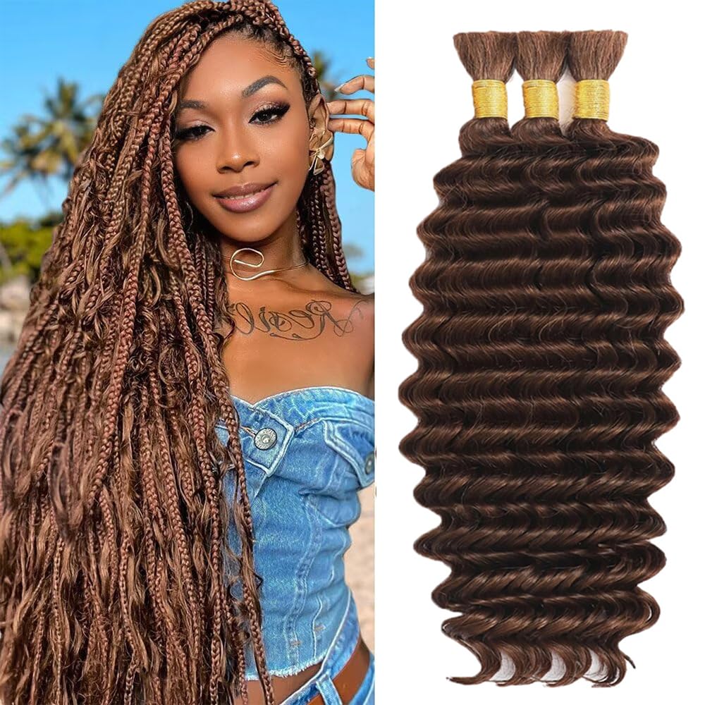 Dark Brown Boho Hair for Braiding #4 Brown Braiding Hair 12 12 12 Inch Chocolate Brown Deep Wave Boho Human Hair for Braiding #4 Curly Hair Extensions for Braids 150g 3 Bundles