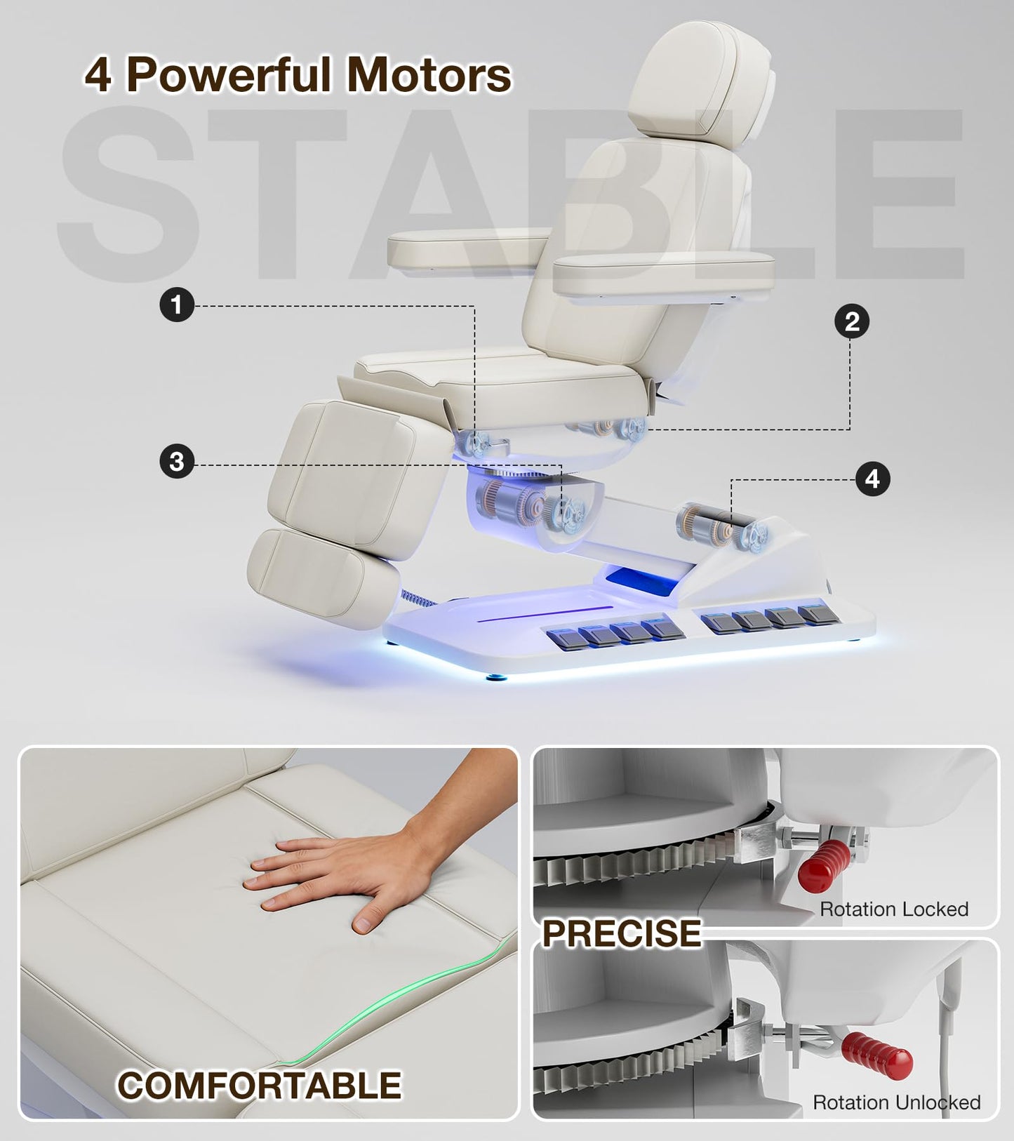 Icoget 4 Motor Electric Massage Table No Assembly, Thermal Heating Swivel & Tilt Esthetician Exam Medical Podiatry Treatment Bed for Dental Clinic，Aesthetic Facial Lash Tattoo Chair