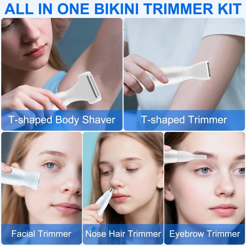 5-in-1 Bikini Trimmer Electric Razors for Women, Cordless Electric Shaver with LCD Display for Facial Body Legs Hair, Rechargeable Waterproof Pubic Body Hair Trimmer Holiday Birthday Gifts for Women