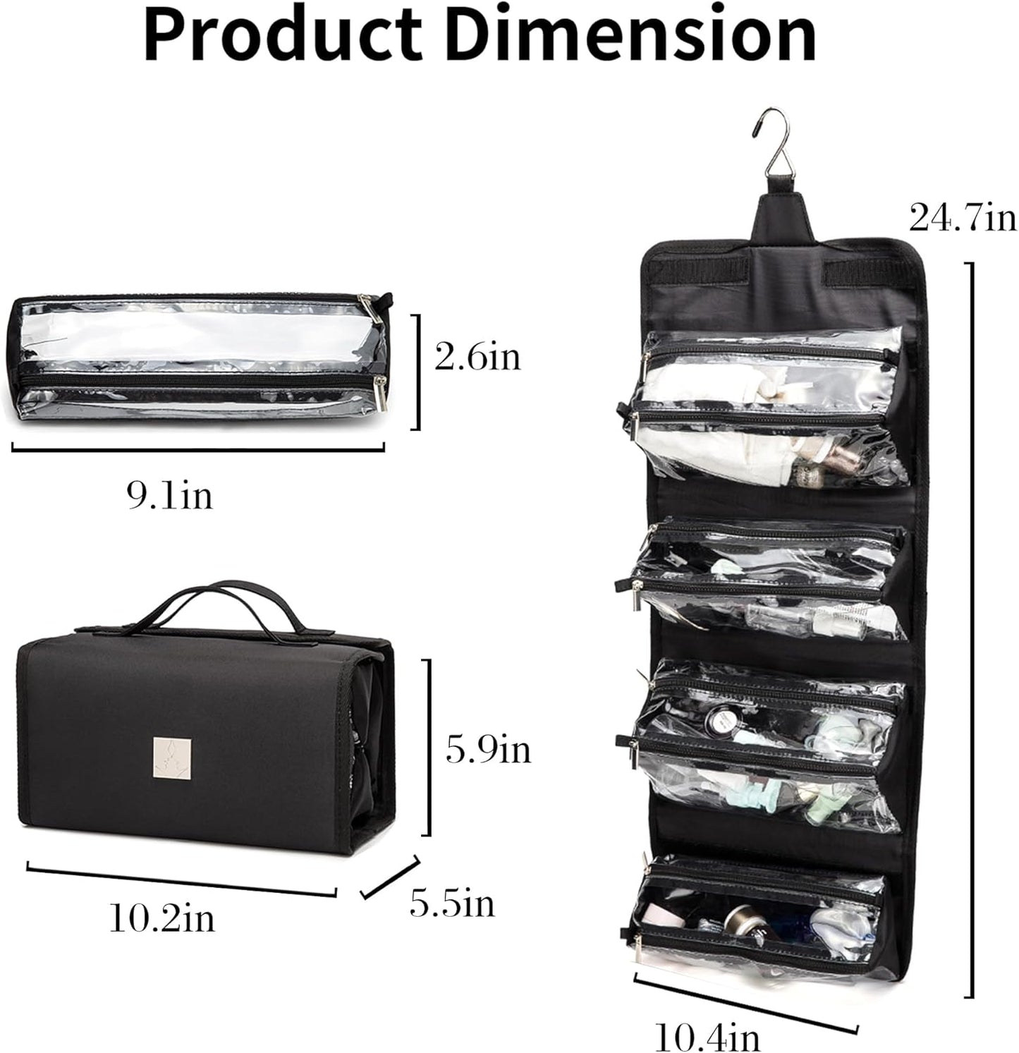 Roll Up Makeup Bag - Travel Toiletry Organizer with 4 Clear TSA Approved Pouches | Hanging Cosmetic Bag for Men & Women
