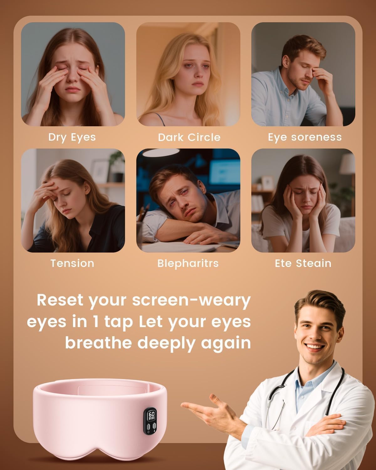 Heated Eye Mask - Cordless Eye Mask for Dry Eyes & Sleep Relief | 4 Temperature Settings, Washable - Pink