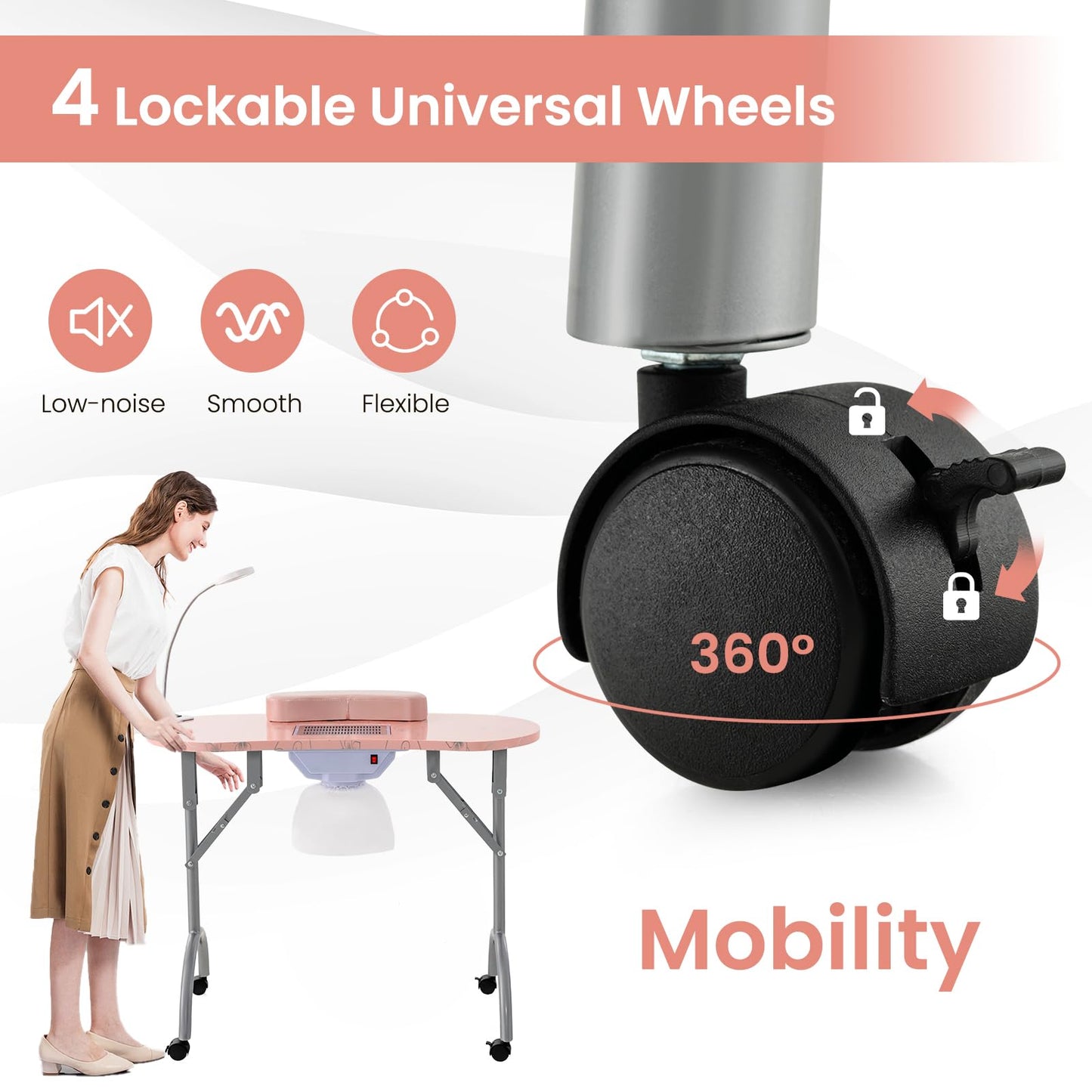 WELLHUT Nail Tech Table Vented Manicure Table w/LED Lamp, Dust Collector, Carry Bag & Soft Cushion, Portable Nail Tables w/Universal Mute Wheels for Nail Lovers Home Spa Beauty Salon