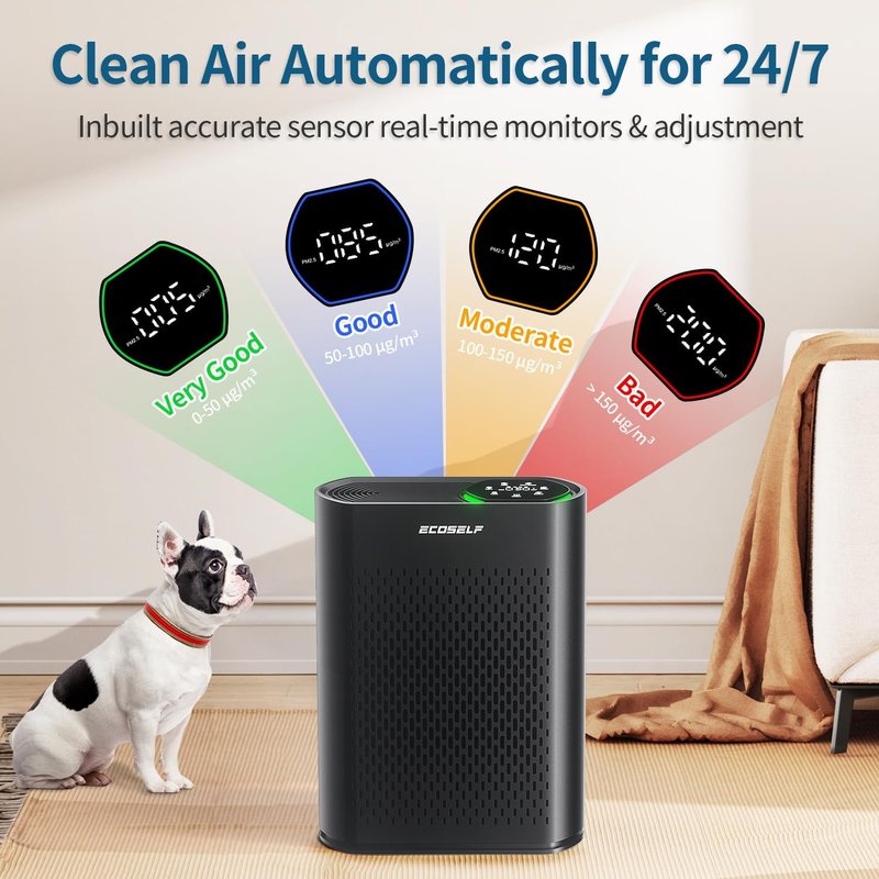 Air Purifier for Large Rooms - 3-Stage True HEPA, 360° Airflow, Ultra-Quiet 20dB | Cleans 2,400 ft² in 30 Mins, Black