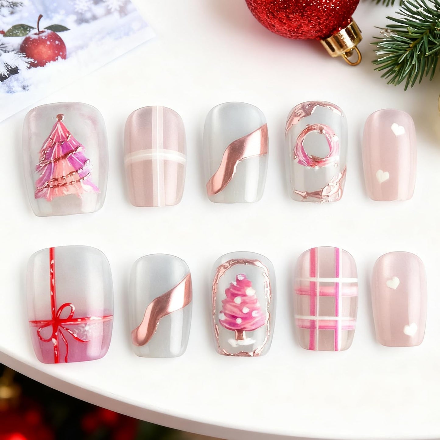 Christmas Press-On Nails - Medium Almond Acrylic Tips with Tree Wreath, Gold Beads & Rhinestones | Winter Holiday Design