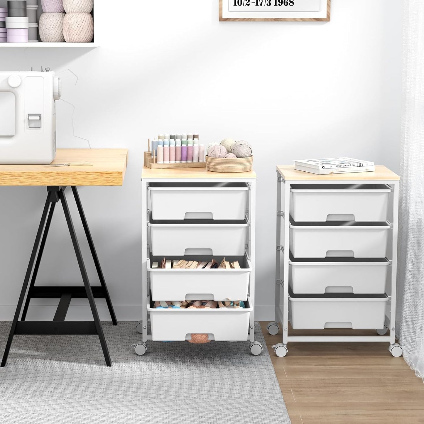 Utility Cart - 4-Tier Rolling Storage Organizer with 4 Drawers & Lockable Wheels | Bright White for Home & Office