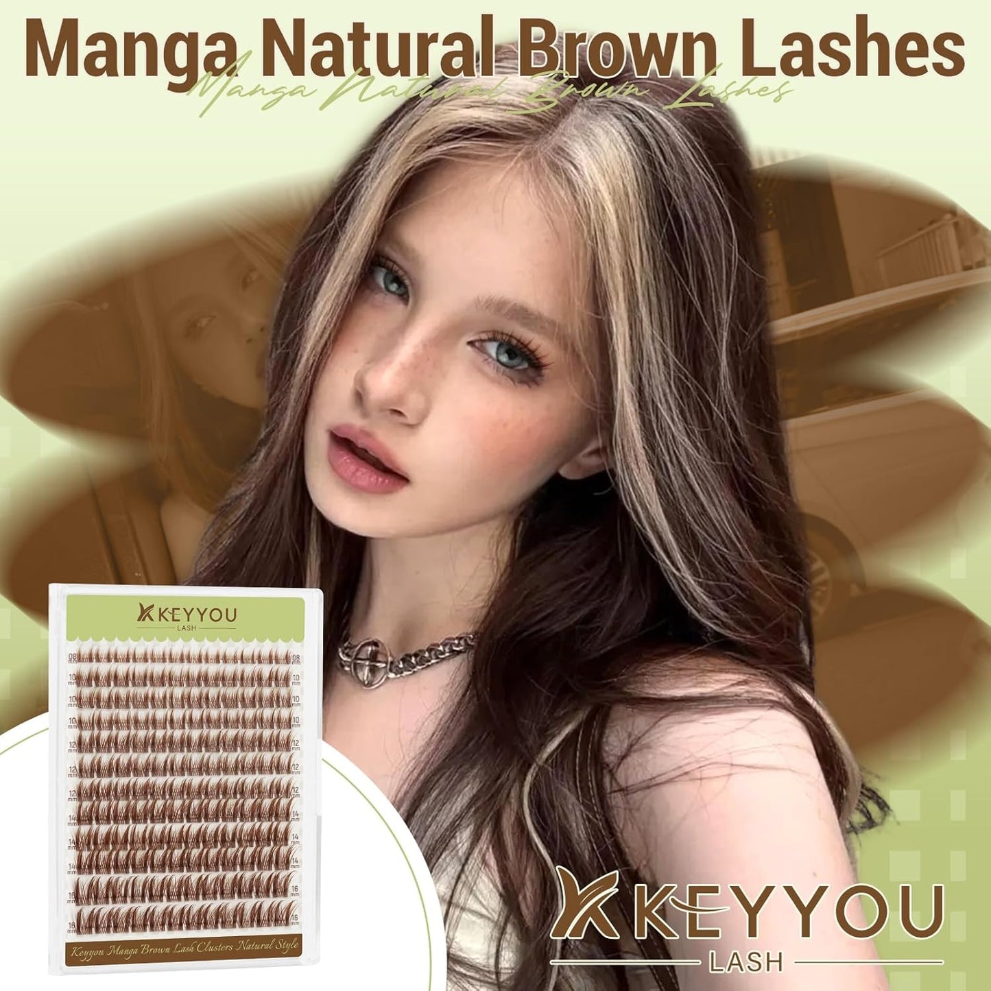 Manga Brown Lash Clusters Kit - Natural Fluffy Individual Eyelash Extensions | DIY Clear Band Lashes with Bond & Seal Glue