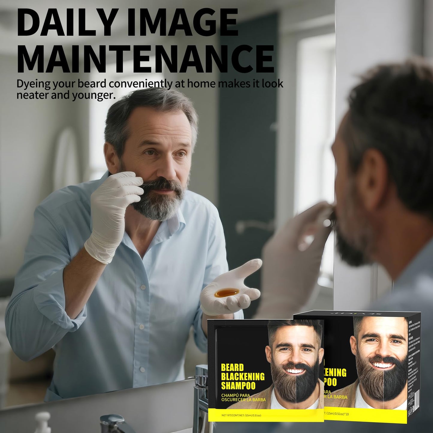 Gowwim Beard Dye Shampoo for Men, Natural Plant Extracts Blackening Beard Color Skin-Friendly 10x15ml Travel Packs