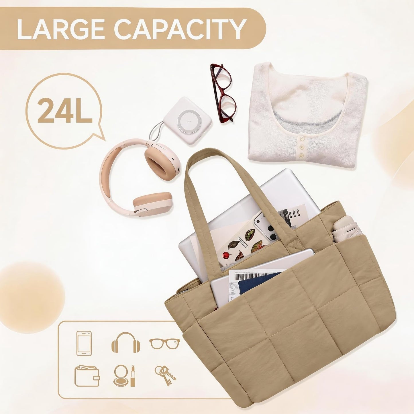 SODEER Tote Bag for Women,Lightweight Puffer Work Shoulder Tote with Compartments,Quilted Handbag for Teacher Nurse College