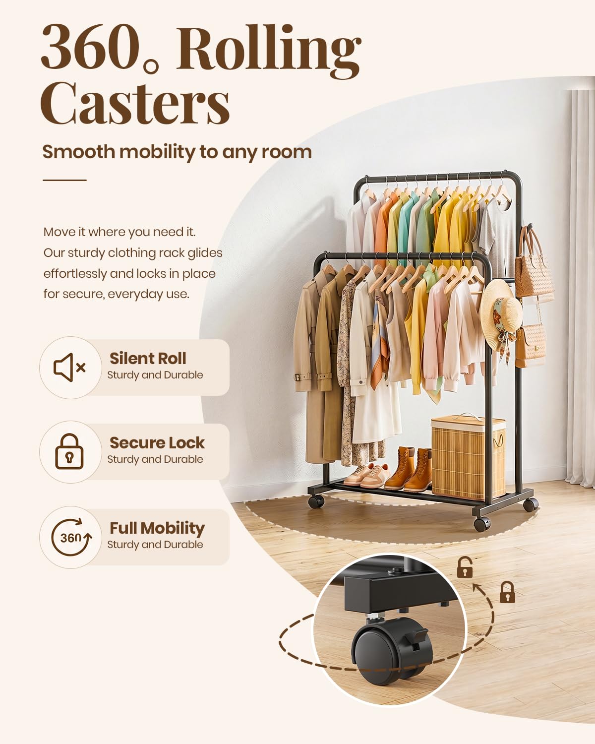 Delamu Clothes Rack Double Rods Clothing Racks for Hanging Clothes with Rolling Wheels, Metal Garment Rack with Hooks, Portable Wardrobe Rack Coat Rack with Shelfs for Bedroom, Laundry Room, Black