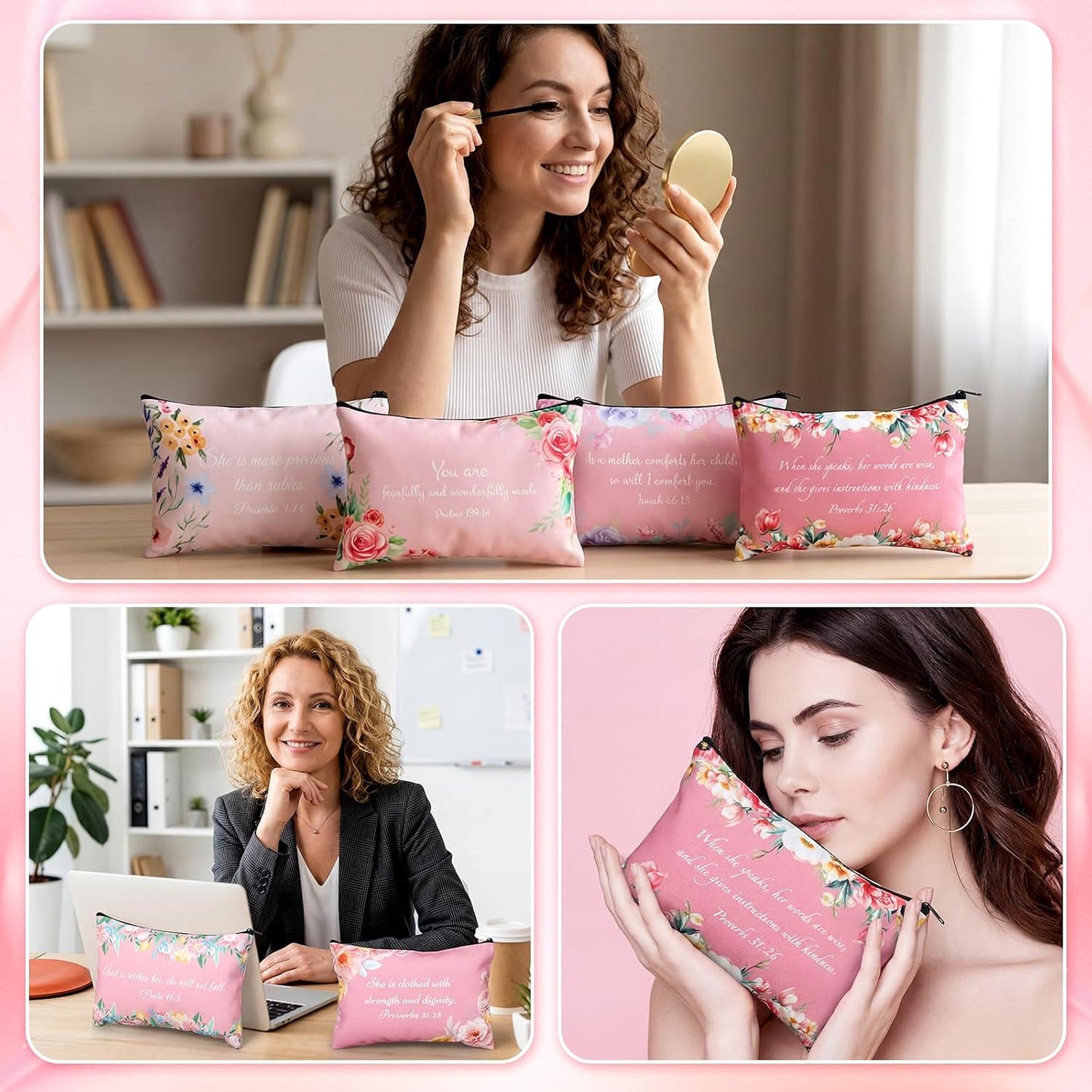 Bible Verse Makeup Bags - 12 Pcs Pink Canvas Cosmetic Pouches | 9 x 6 Inches Travel Toiletry Set for Women & Moms
