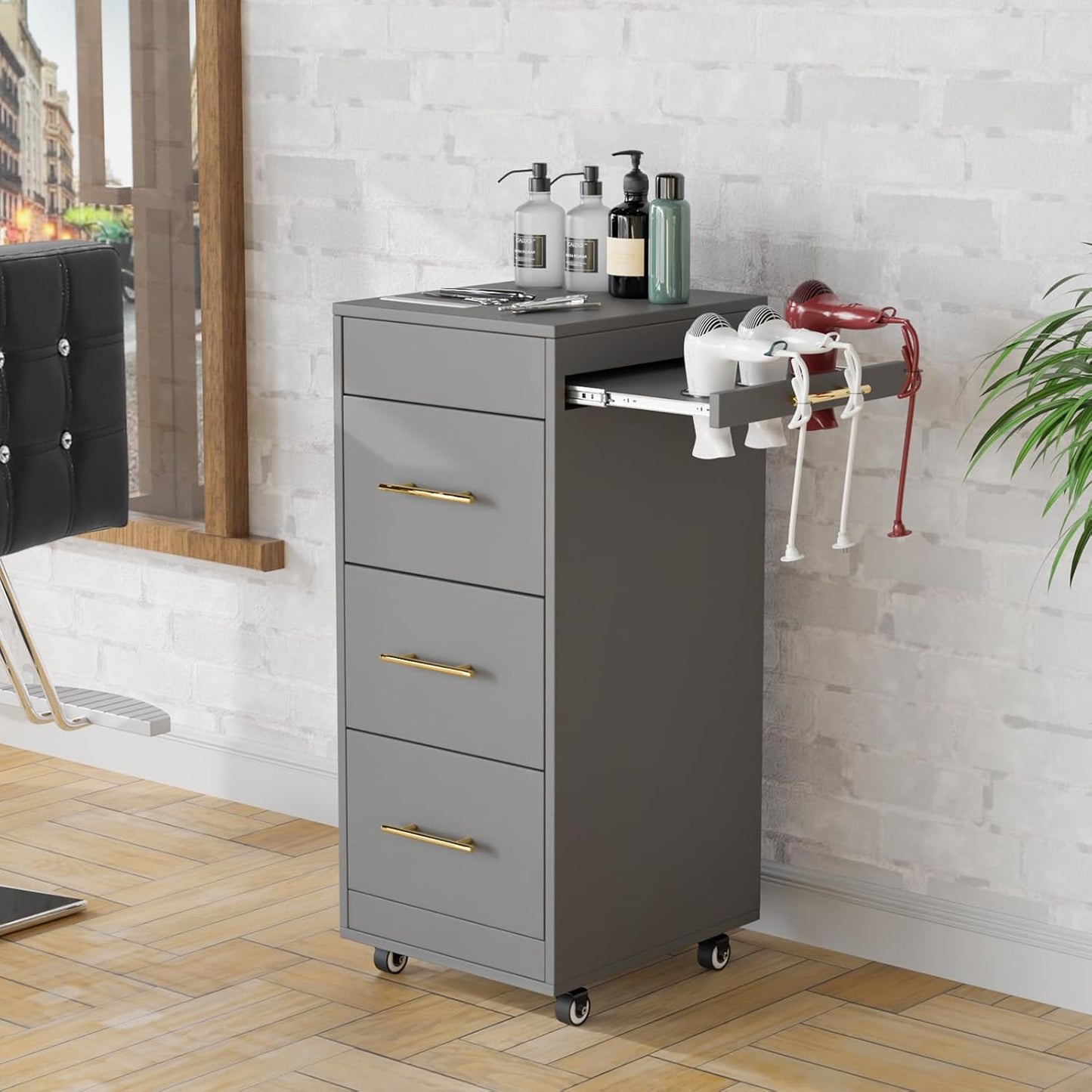 Salon Trolley Cart - 3-Drawer Rolling Hair Styling Station | Mobile Beauty Trolley with Hot Tools Holder - Grey