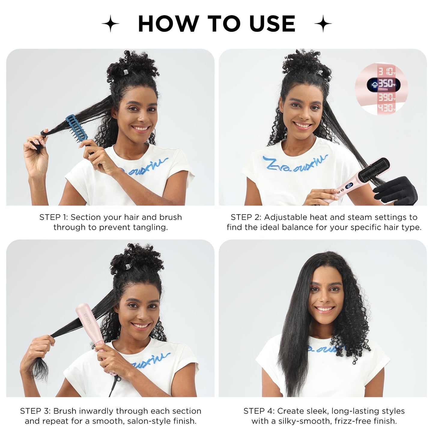 Prizm Pro Steam Hair Straightener Brush - Ionic Steam Straightening Brush for Curly Hair, Anti-Scald Ceramic Straightener Comb with LCD Display for Super Smooth, Frizz Free Hair, 4 Heat Settings, Pink