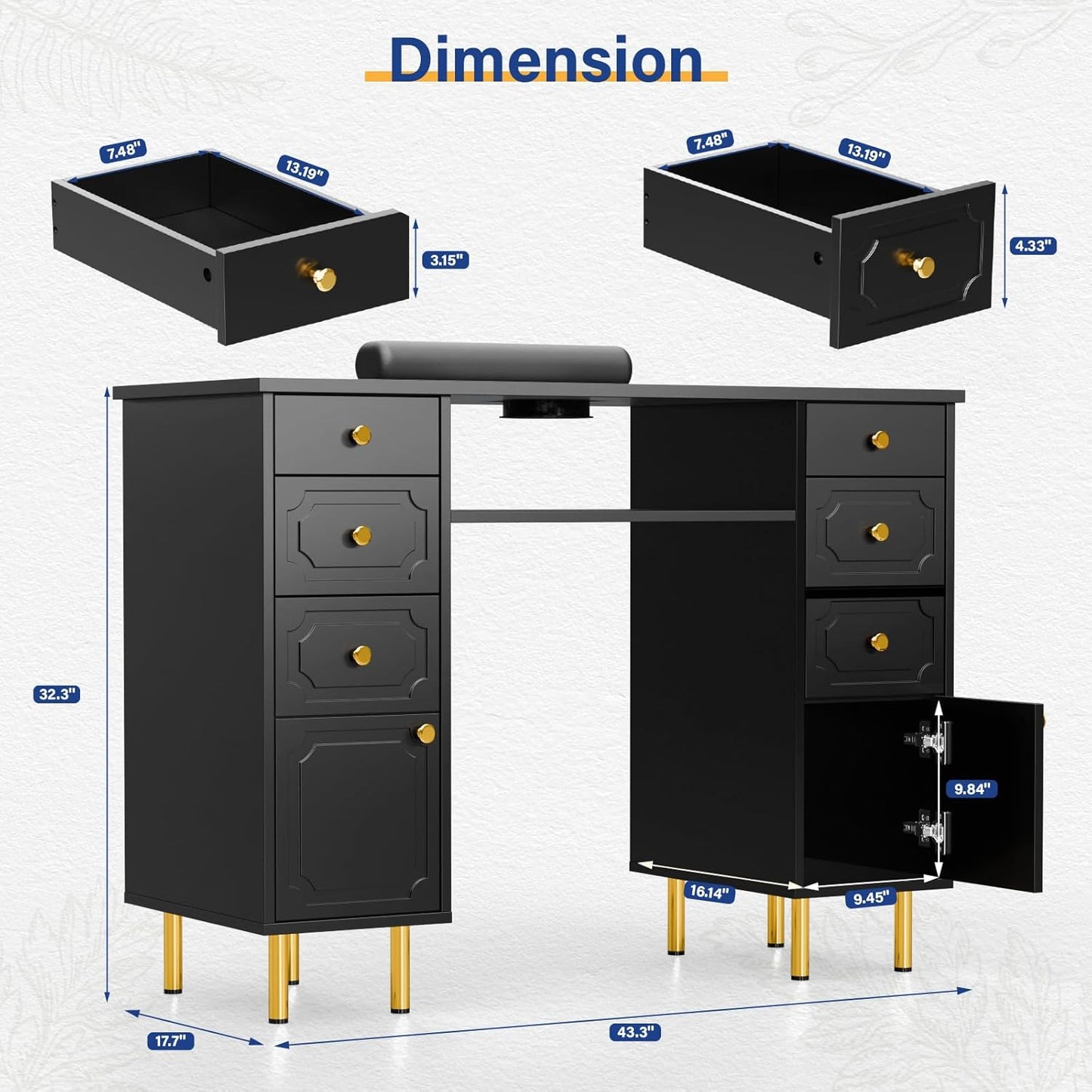 OmySalon Black & Gold Nail Desk - Electric Dust Collector, Storage Drawers & Wrist Cushion | Acetone Resistant Manicure Table