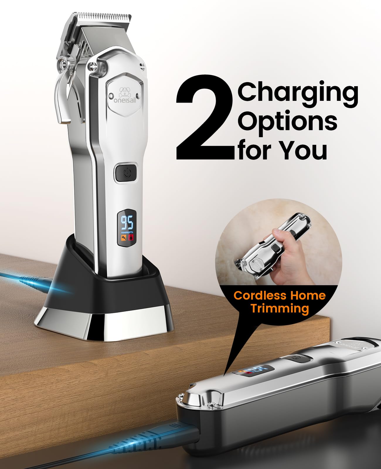 oneisall Professional Dog Grooming Clippers: Cordless Rechargeable Thick Hair Clipper with Detachable Metal Combs, Low Noise Heavy-Duty Pet Clippers for Curly/Fine/Wavy Hair, 676pro (Silver)