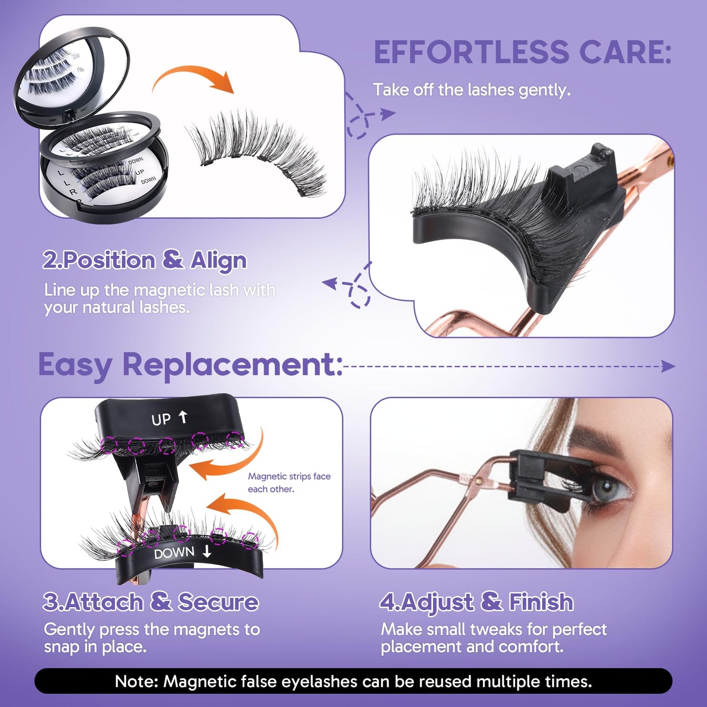 Magnetic Eyelashes with Applicator, Natural Wispy Magnetic Lashes 4 Pairs, No Glue Reusable Lash Kit for Beginners, Lightweight & Secure Hold, Black