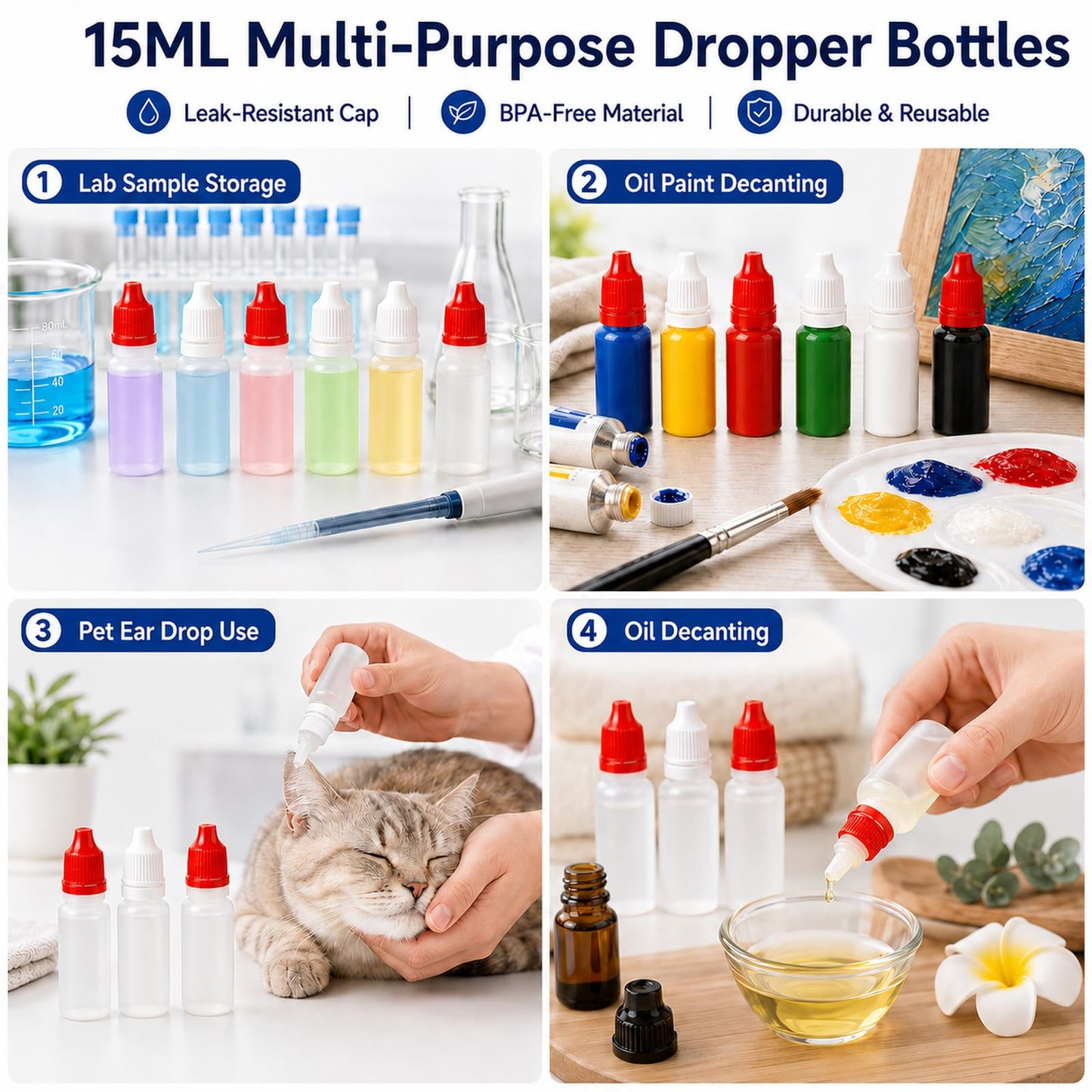 LUSTRIB 10PCS (6 Bottles + 4 Funnels) Small Plastic Dropper Bottle for Travel 15ml (0.5oz) Eye Dropper Bottle with Cap Refillable Travel Container Portable Squeezable for Liquid, (Red & White)