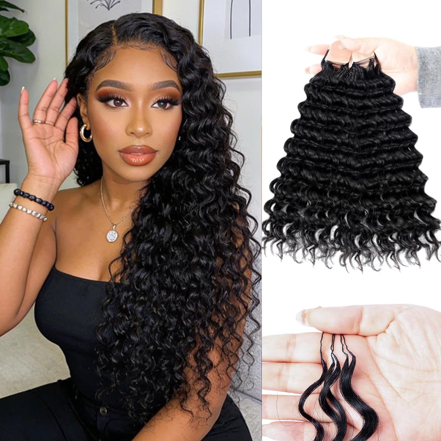 Human Crochet Hair for Black Women 16 Inch 120g Pre Separated 100 Strands Deep Wave Feather Crochet Human Hair Miracle Knots Hair Invisible Natural Look, Lightweight No Itch Boho Hair Bundles