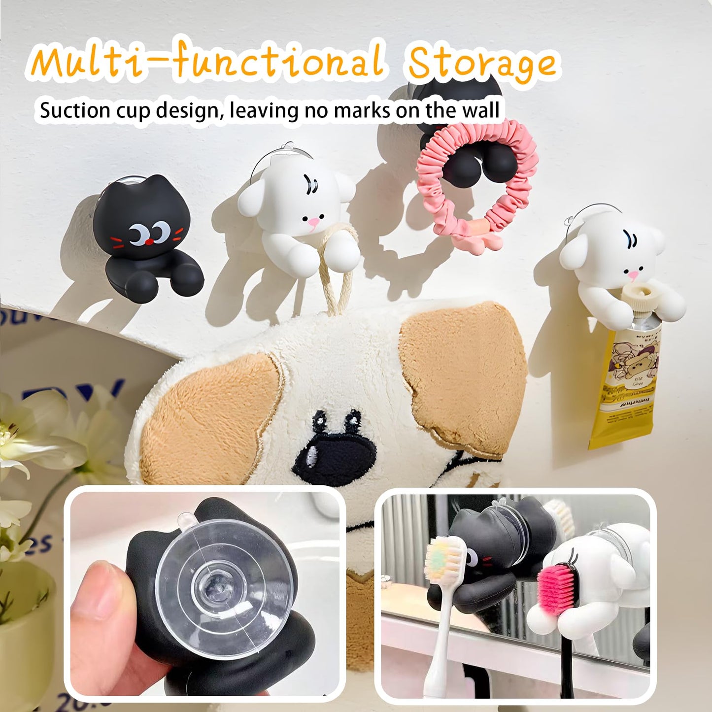 2 PCS Kids' Bathroom Toothbrush Holder,Suction Mount Silicone Toothbrush Holder,Cute Cartoon Cat and Dog Design, Perfect for Kids and Families