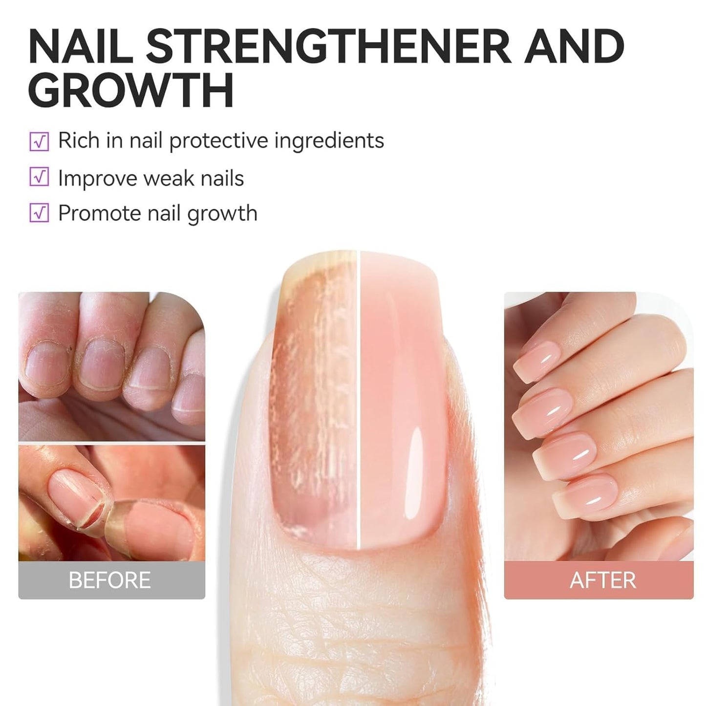 Nail Growth Strengthener - Gelike 6-in-1 Natural Hardener for Weak Nails | Nude Blush Color
