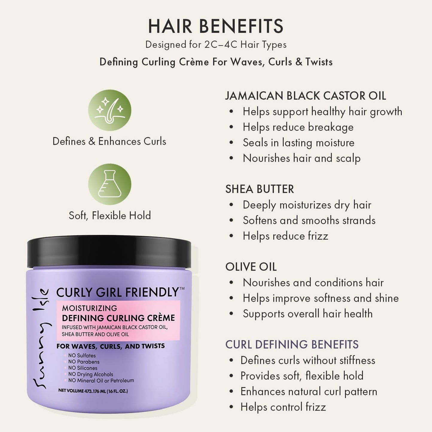 Curly Girl Friendly Curling Cream - Moisturizing Anti-Frizz Formula with Shea Butter & Castor Oil | 16 oz for Wavy, Curly & Coily Hair (2C–4C)