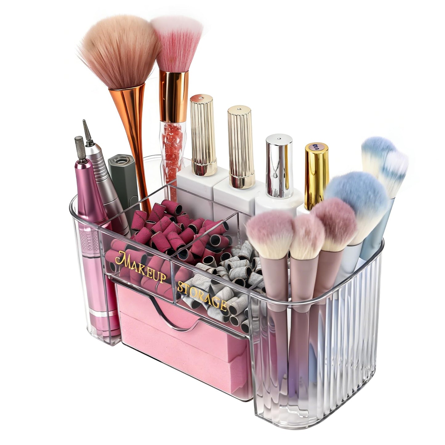 BQAN Clear Acrylic Nail Organizer with Drawer - 6 Compartment Desktop Storage for Nail Art Tools, Makeup & Cosmetics | Professional Nail Tech & Beauty Vanity Organizer