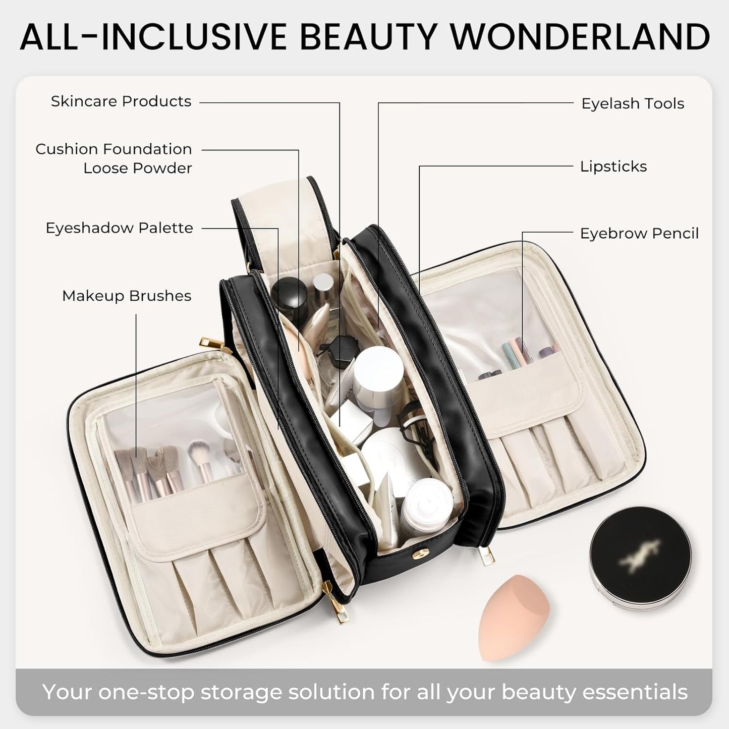 Travel Makeup Bag - Large Capacity Waterproof Organizer | Vertical Free-Standing Design, Easy Access - Black