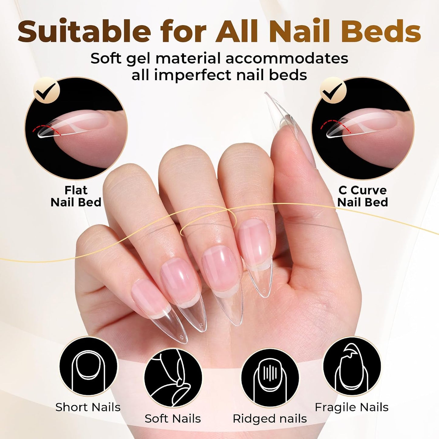 Medium Stiletto Press-On Nails - 504 Pcs Clear Gel Nail Tips | Full Cover Pre-Etched Acrylic, 12 Sizes Available