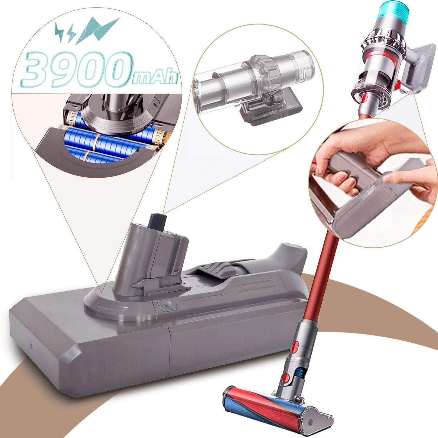 Li-Ion 25.2V Replacement Battery for Dyson with High Capacity, Fast Charging, Strong Suction for Dyson V11/V15 Click-in Battery Vacuums and Replacement Filter and Brush.