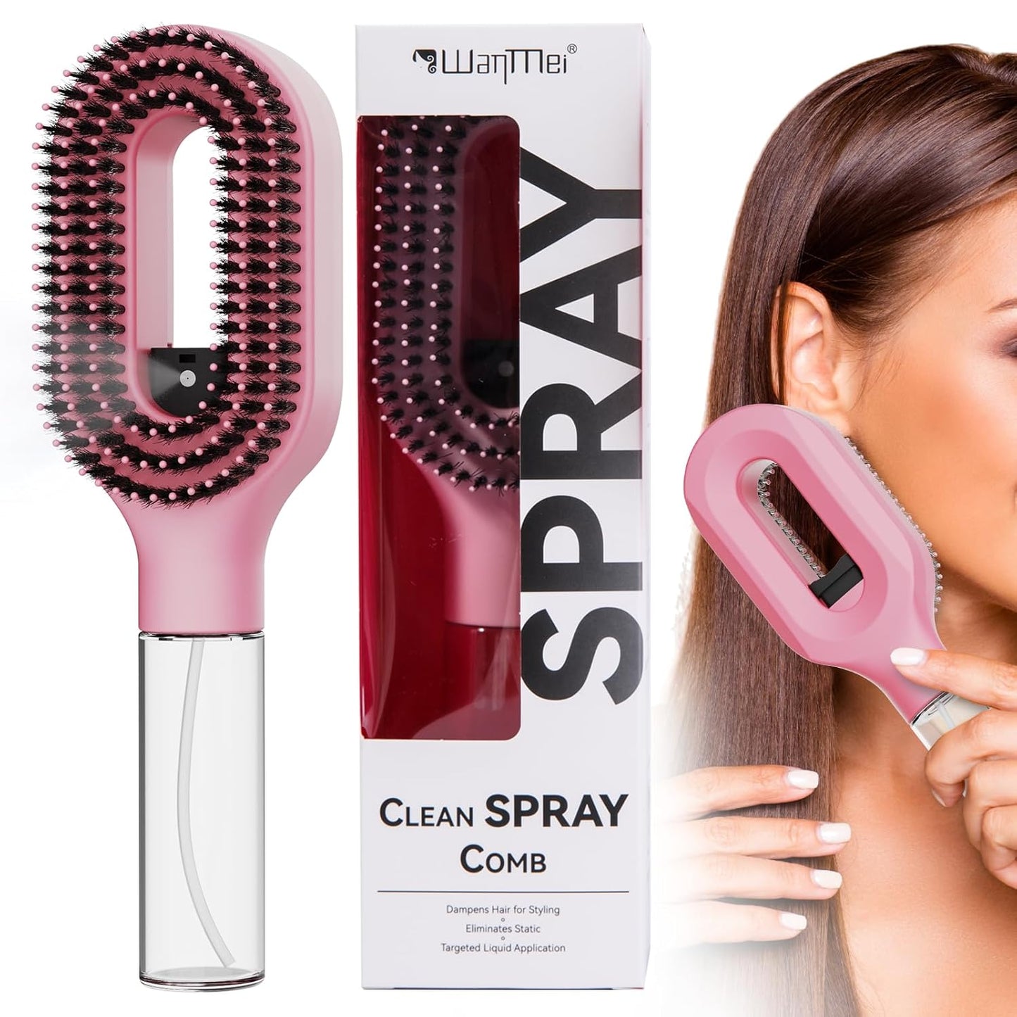 Hair Brush with Water Spray - 2-in-1 Detangling Tool for Wet & Dry Hair | Anti-Frizz, Portable, Pink