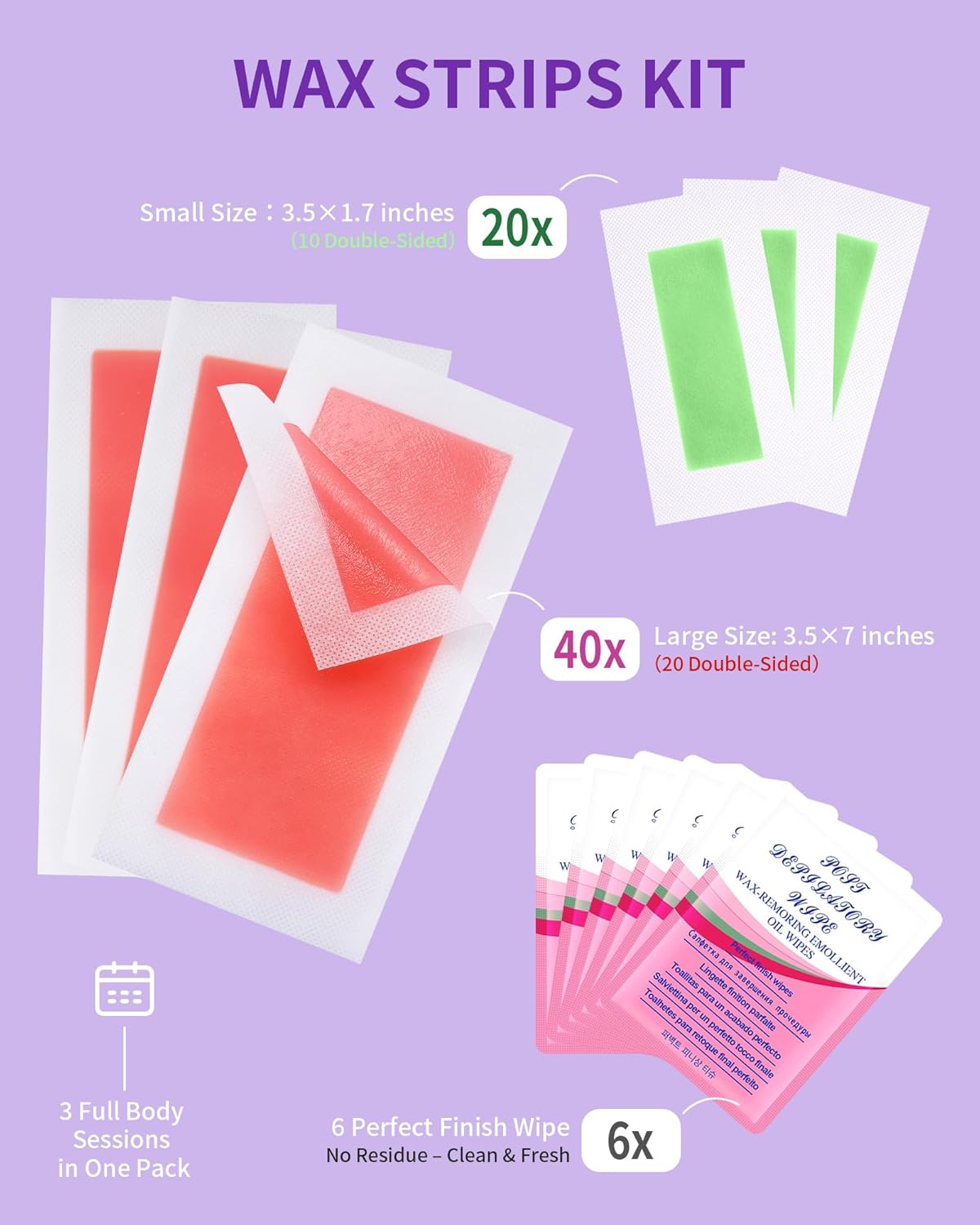 Wax Strips Waxing Kit for Women - Hair Removal for Legs, Arms, Face & Bikini | 60 Strips + 6 Wipes | Hypoallergenic & Dermatologically Tested