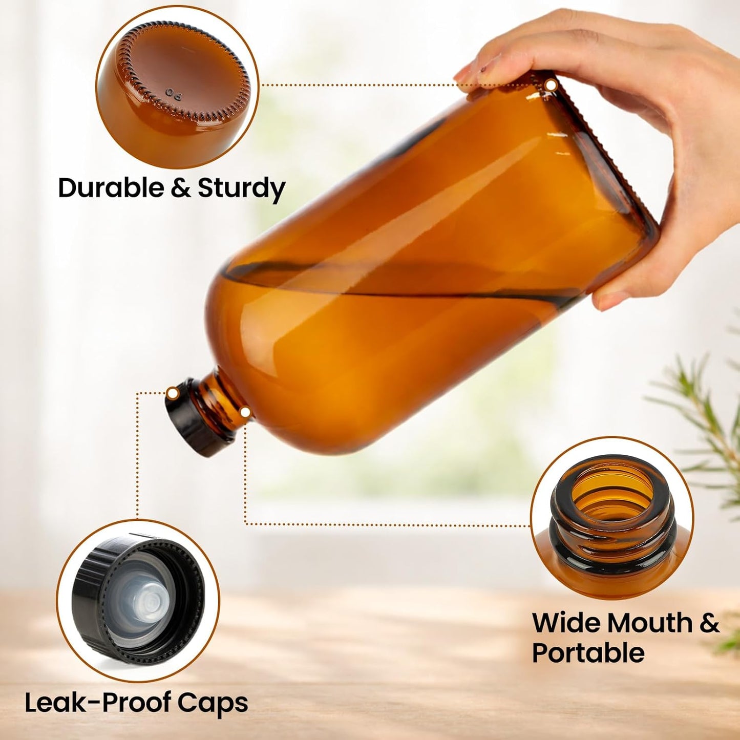 Amber Glass Boston Round Bottles - 32 oz | 4 Pack Leakproof Storage for Kombucha, Extracts & Oils