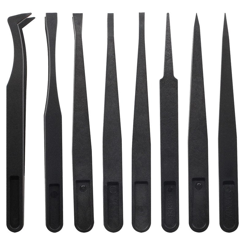 Bonsicoky 8Pcs Precision Plastic Tweezers, 4.5-4.8 Inch Anti-Static Tweezers Set with Curved and Straight Tips for Electronics Assembly, Watch Repair, Crafts Making (114-123mm, Black)