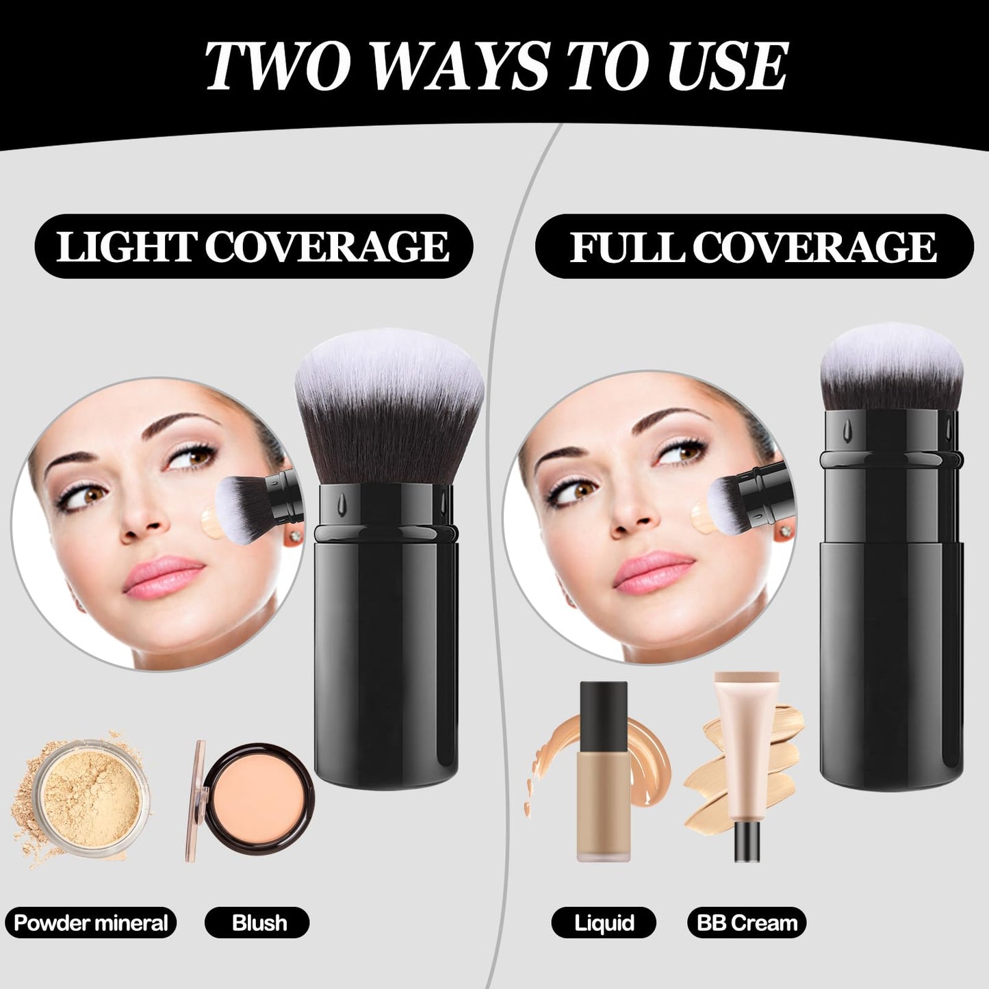 Falliny Retractable Kabuki Makeup Brush, Travel Powder Foundation Professional Blush Makeup Brushes With Aluminum Handle for Liquid, Cream, Cosmetics, Loose Powder