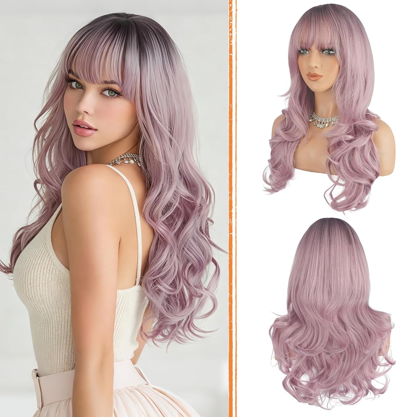 Pink Wigs with Bangs - Long Wavy Layered Synthetic Hair Wig | Natural-Looking, Heat Resistant, 24 Inch