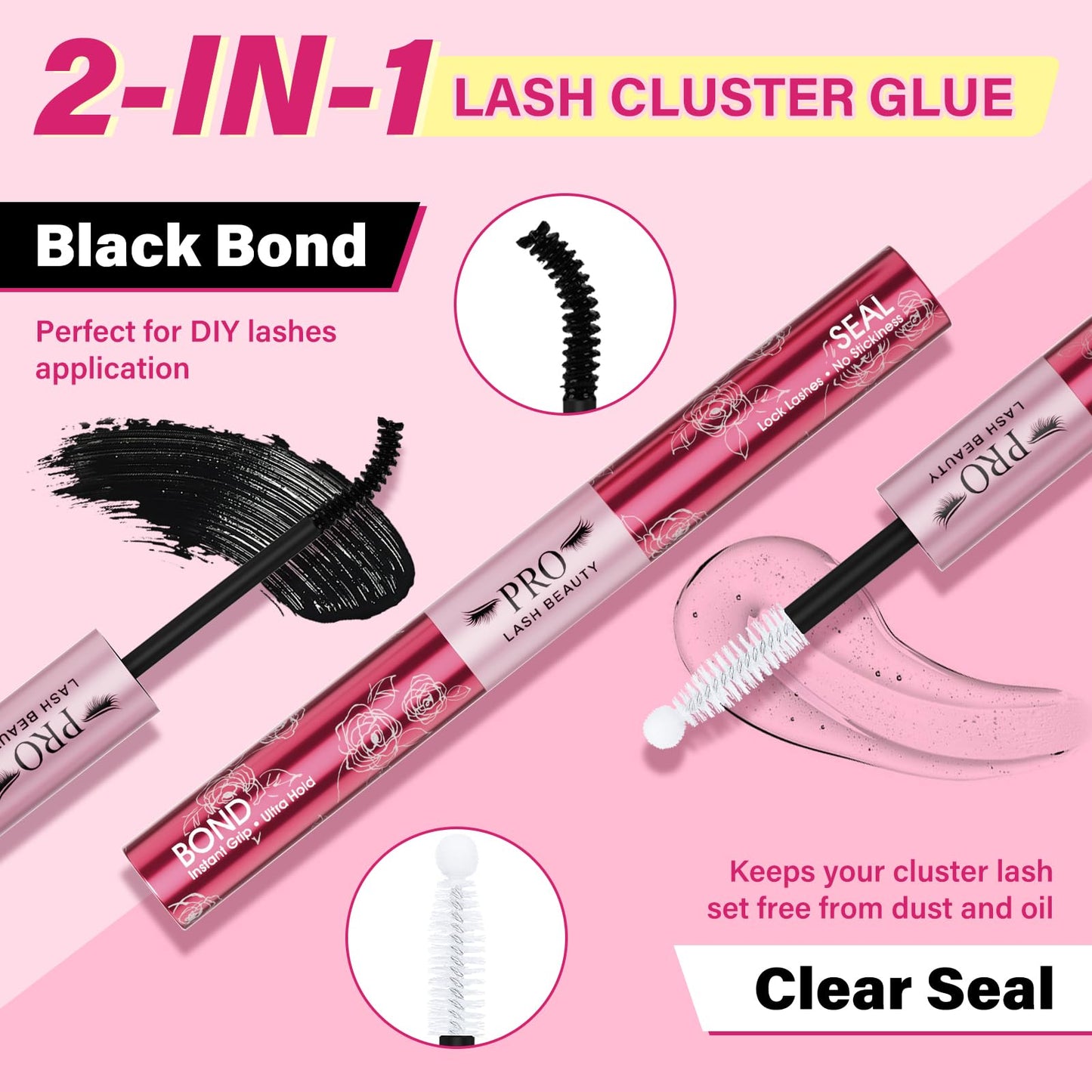 PROLASHBEAUTY Waterproof Lash Cluster Glue Lash Bond and Seal Long Lasting Strong Hold Non Irritating Lash Glue for DIY Cluster Lashes at Home (10ml, Black Bond & Clear Seal)