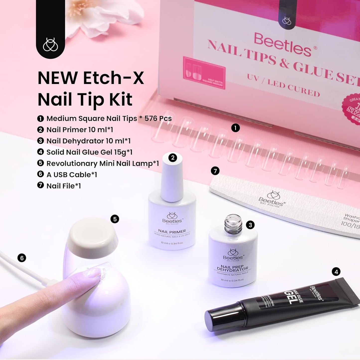 Beetles Gel Nail Kit - Medium Square Half Matte Gel Tips with Dehydrator & Primer | Easy DIY Acrylic Extension Set for Women