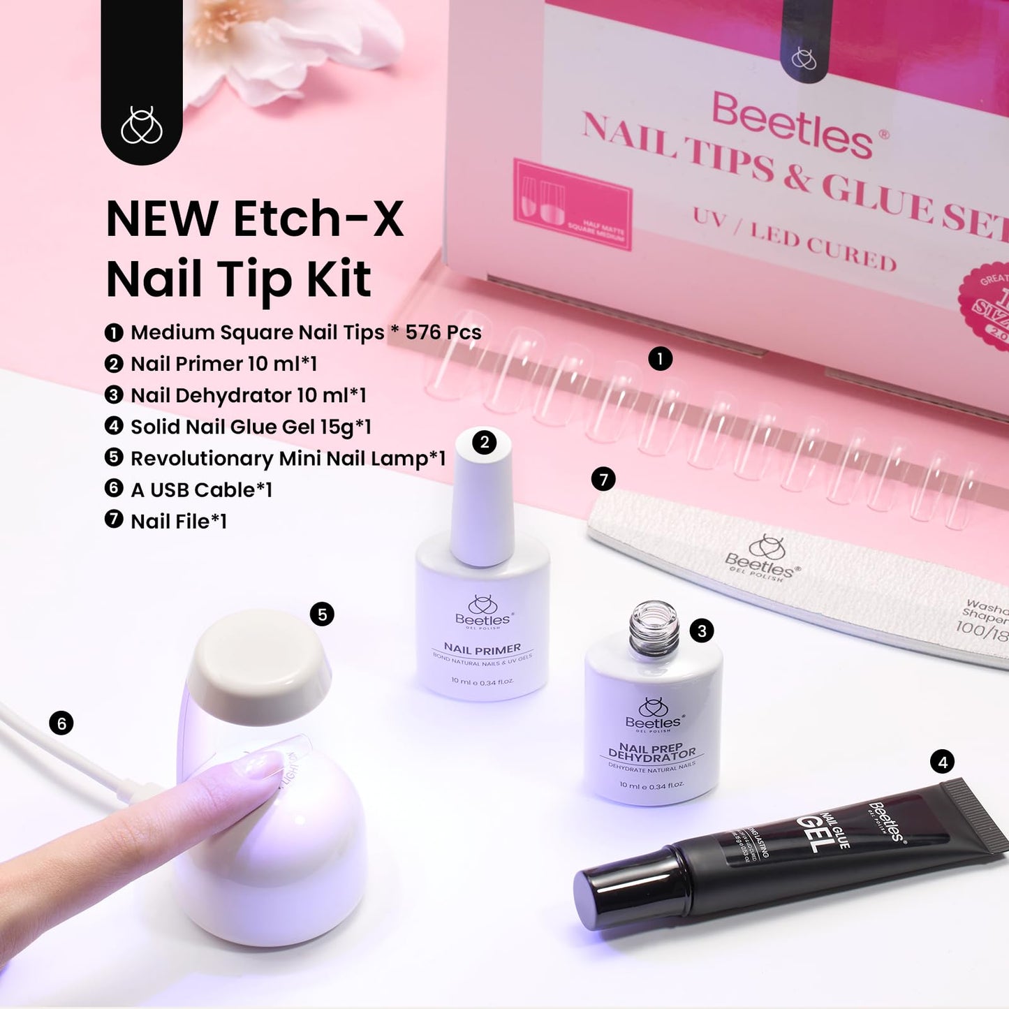Beetles Gel Nail Kit Medium Square Gift Spree, with Dehydrator and Primer, 576Pcs Half Matte Etch-X Gel Nail Tips Solid Nail Glue Mini Lamp Acrylic Tips Easy DIY Extension Set Gift for Women