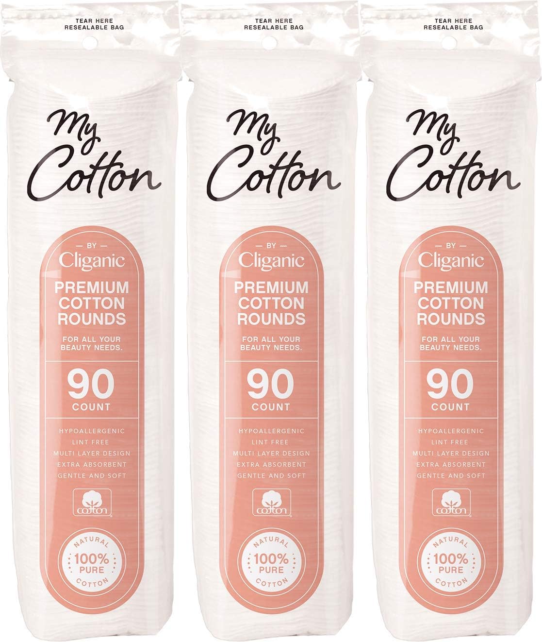 Premium Cotton Rounds for Face - Hypoallergenic Makeup Remover Pads | Lint-Free, 3 Pack