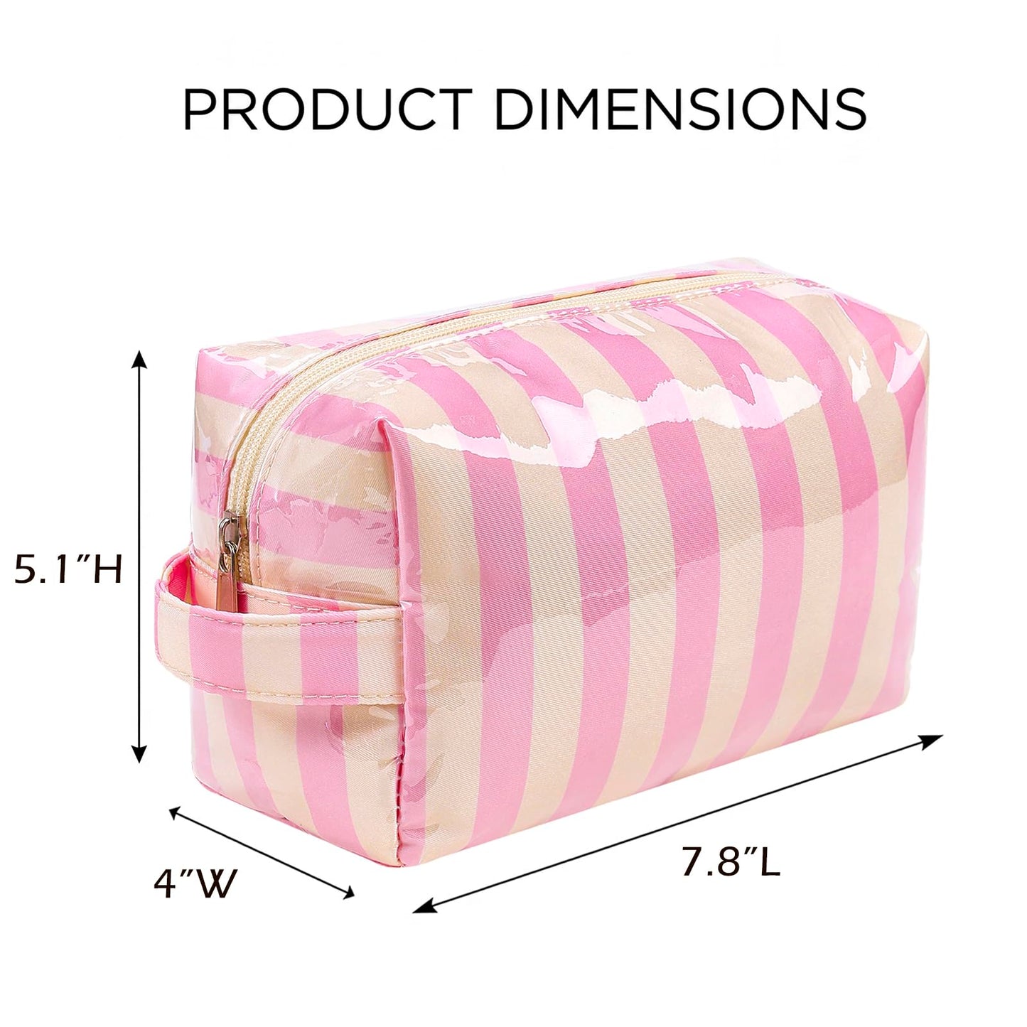 Lestikave PVC Striped Makeup Bag,Easy to Clean,Waterproof Clear Coated Cosmetic Bag,Cute Travel Organizer Zipper Pouch for Beach Vacation Essentials(01Beige Pink)