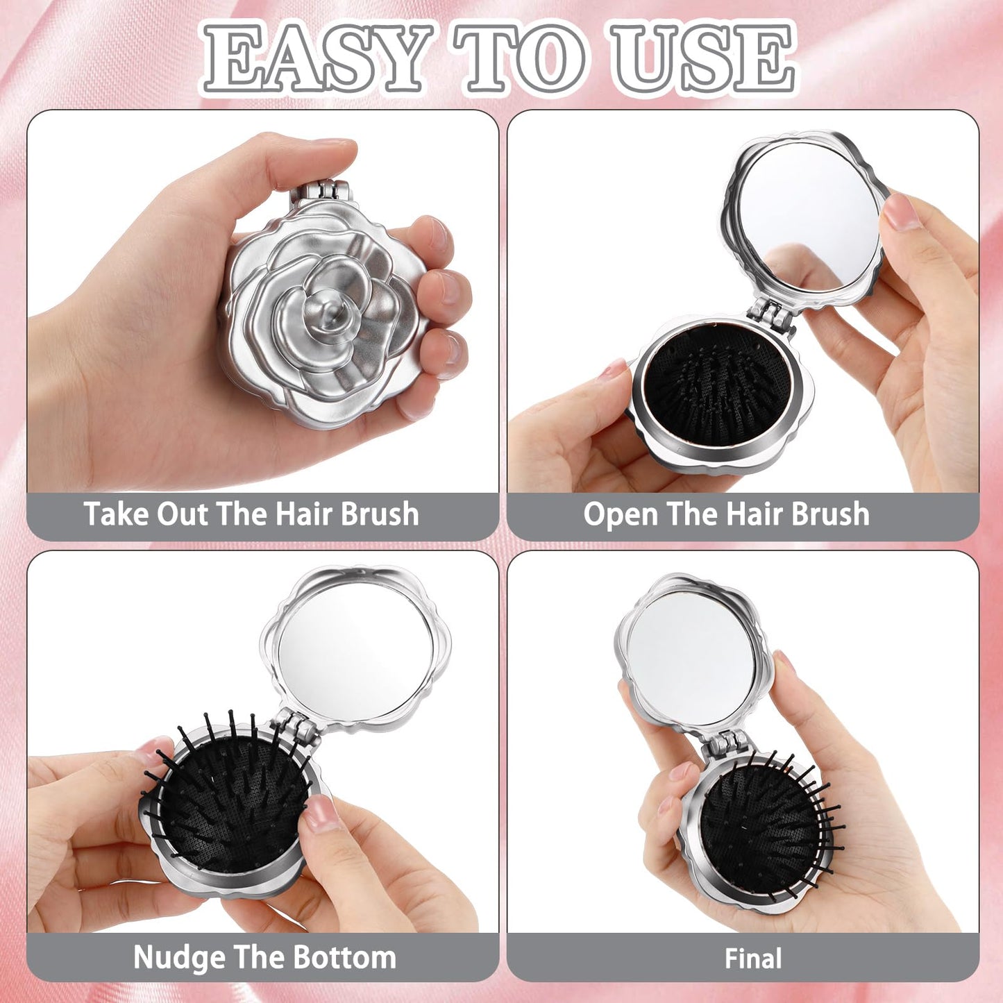 Sunnychicc 6 Pcs Rose Travel Brush for Women Mini Compact Purse Hair Brush with Mirror Wedding Bridal Bachelorette Favor Portable Pocket Mirror Folding Comb for Hairstyle Birthday Gift(Silver)