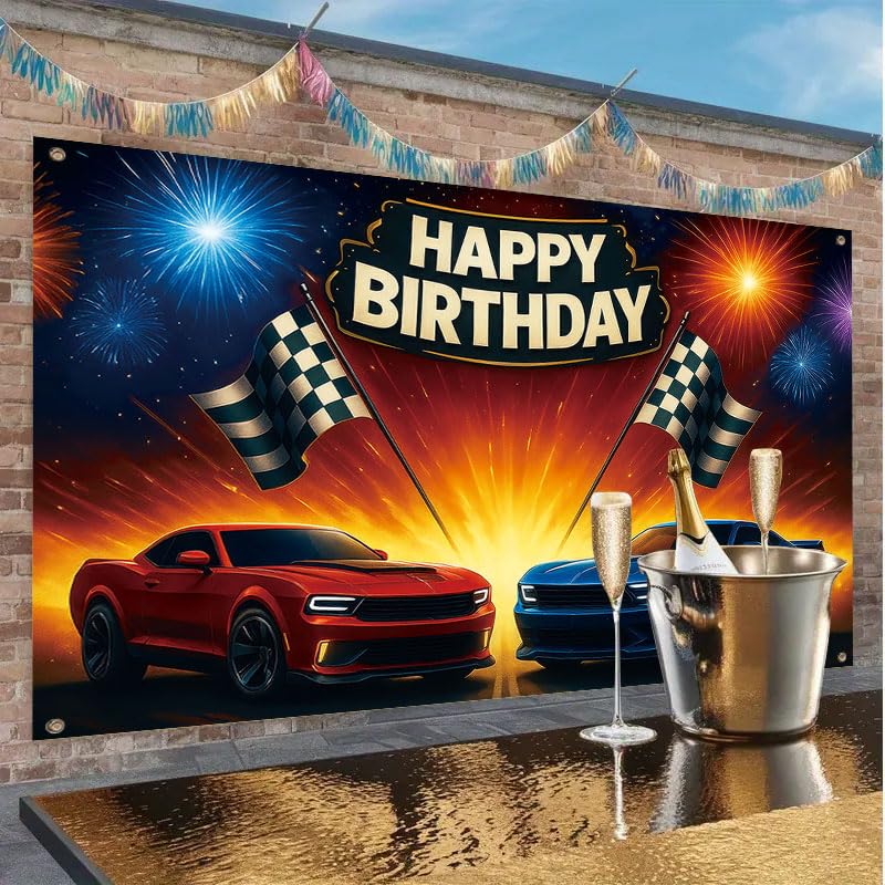 Racing Car Birthday Banner 71x43 Inch - Boys Party Backdrop