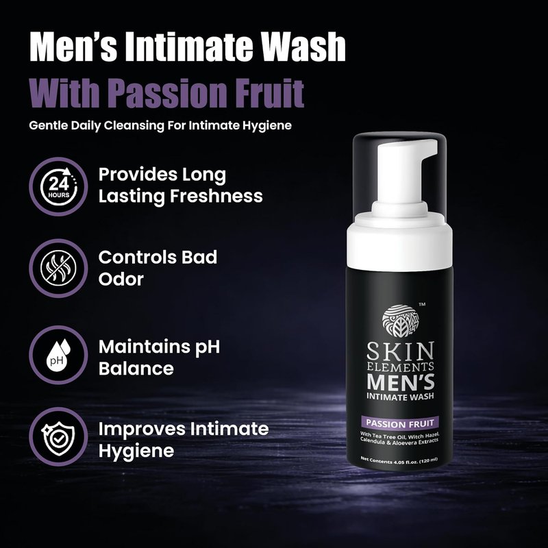 Skin Elements Intimate Wash for Men - pH Balanced Foaming Cleanser with Passion Fruit | 4.05 Fl Oz, Prevents Itching & Odor