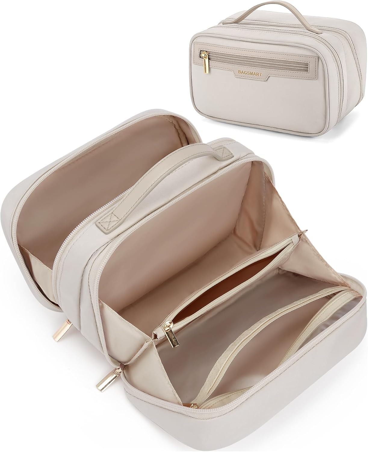 Travel Makeup Bag - Durable Compact Organizer with Multiple Compartments | Beige Cosmetic Case for Women